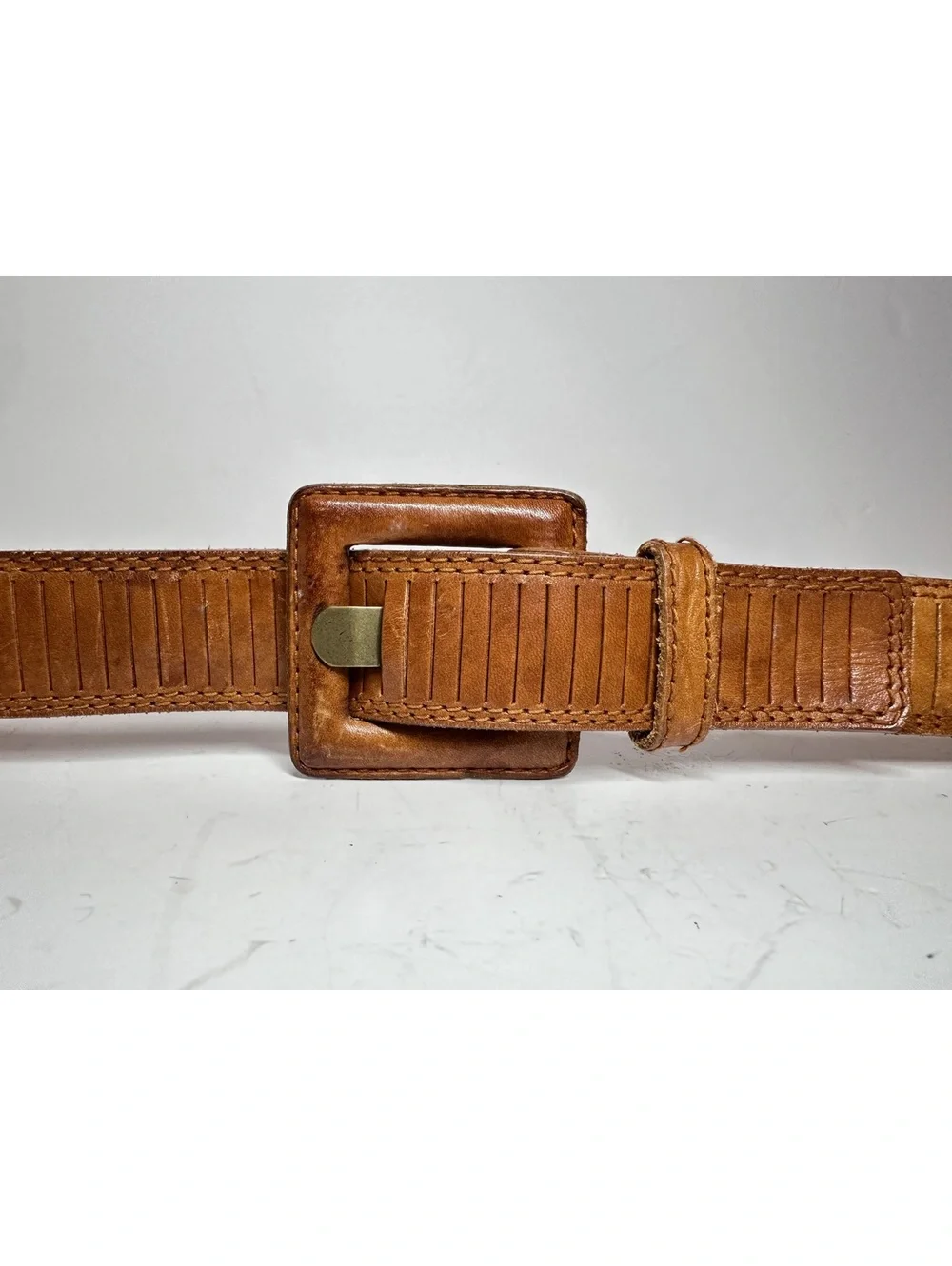 Vintage First Issue Textured Brown Leather-Wrapped Buckle Belt Size M